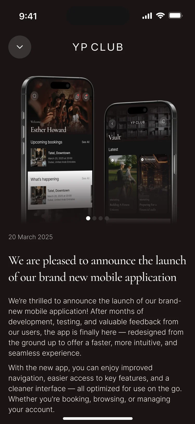 A club news article announcing the new mobile app, with the date and the story