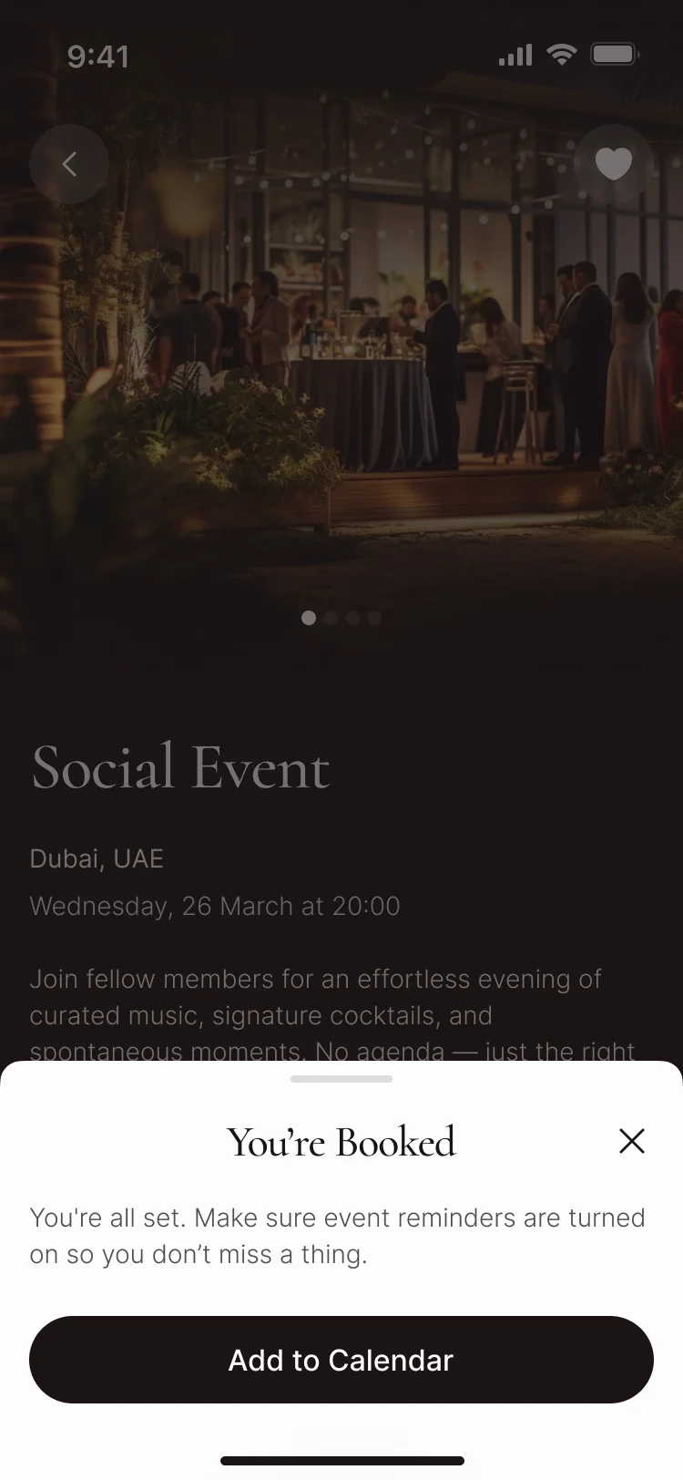 A social event with You’re Booked and Add to Calendar