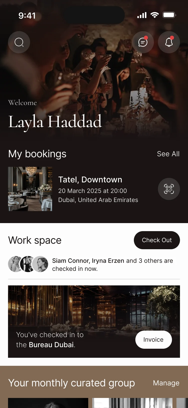 YP Club home: welcome and the member’s name, My bookings with the next event, Work space with Check Out, and Your monthly curated group with two members