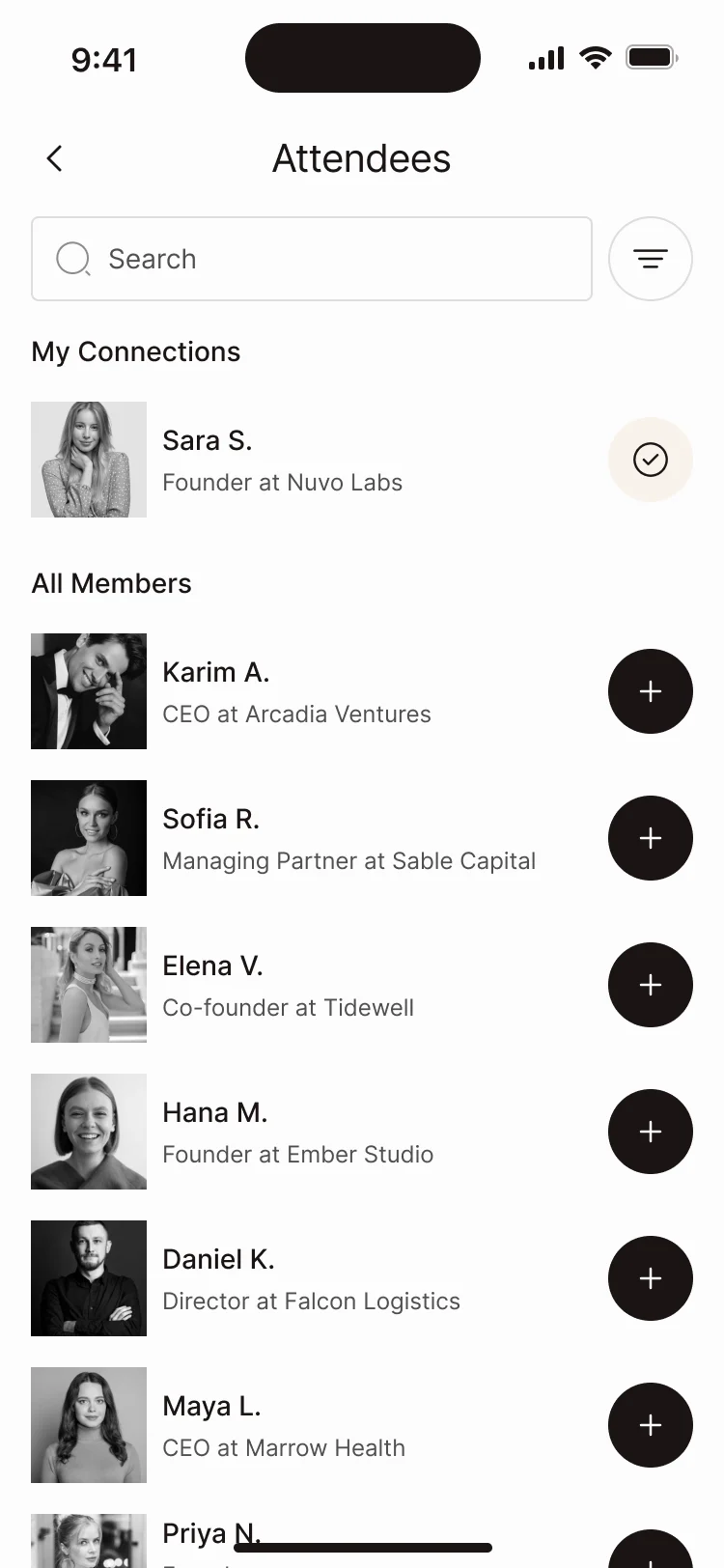 Attendees of an event: your connections first, then all members with their roles and a button to connect