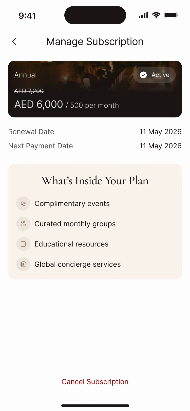 Manage Subscription: the active annual plan, its renewal and next payment dates, and what is inside the plan
