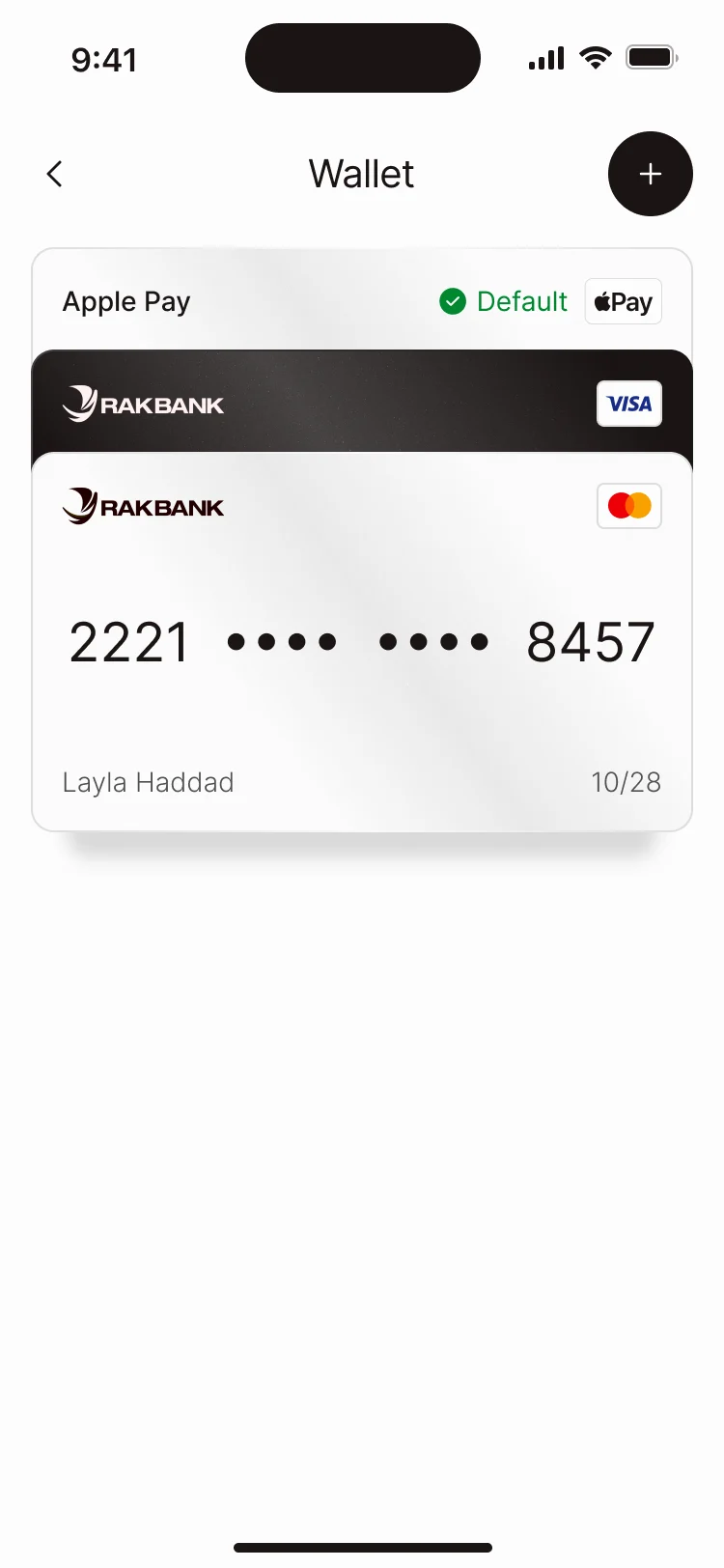 Wallet: Apple Pay as the default method and two bank cards