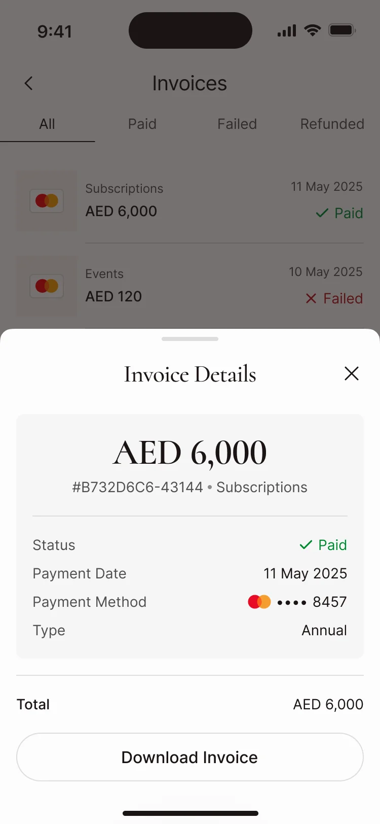 Invoice Details: the subscription amount, paid status, payment date and card, and Download Invoice