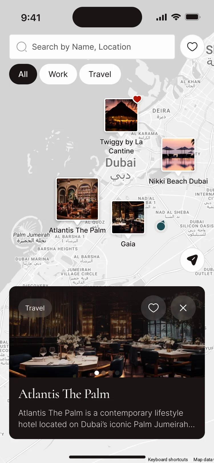 Places map of Dubai with partner pins, All, Work and Travel filters, and the Atlantis The Palm card open
