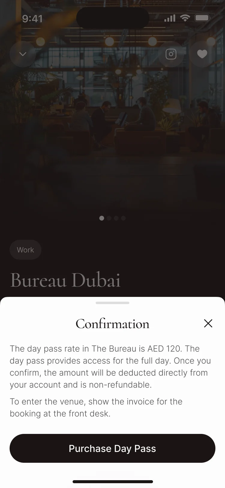 Bureau Dubai co-working: members checked in now, and a Confirmation sheet with the day pass rate and Purchase Day Pass