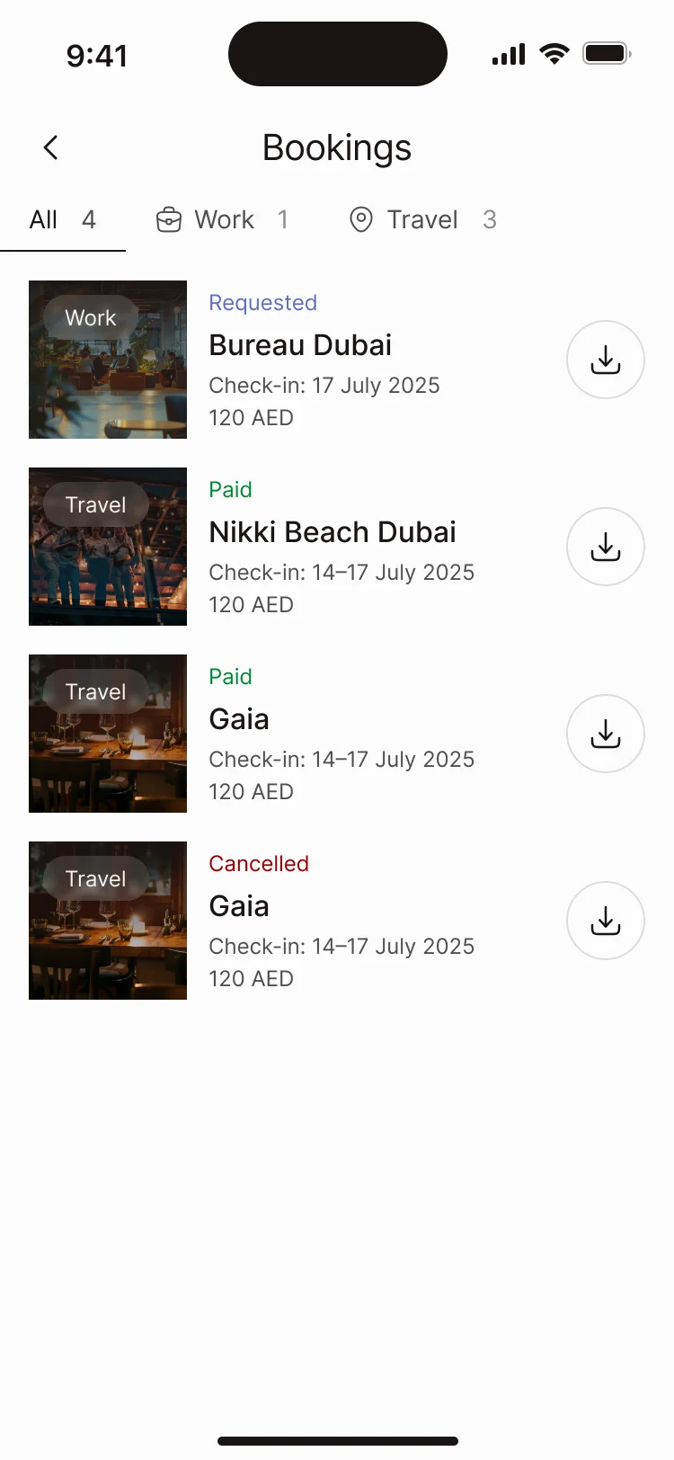 Bookings: All, Work and Travel tabs, with requested, paid and cancelled bookings, each with its dates and an invoice download