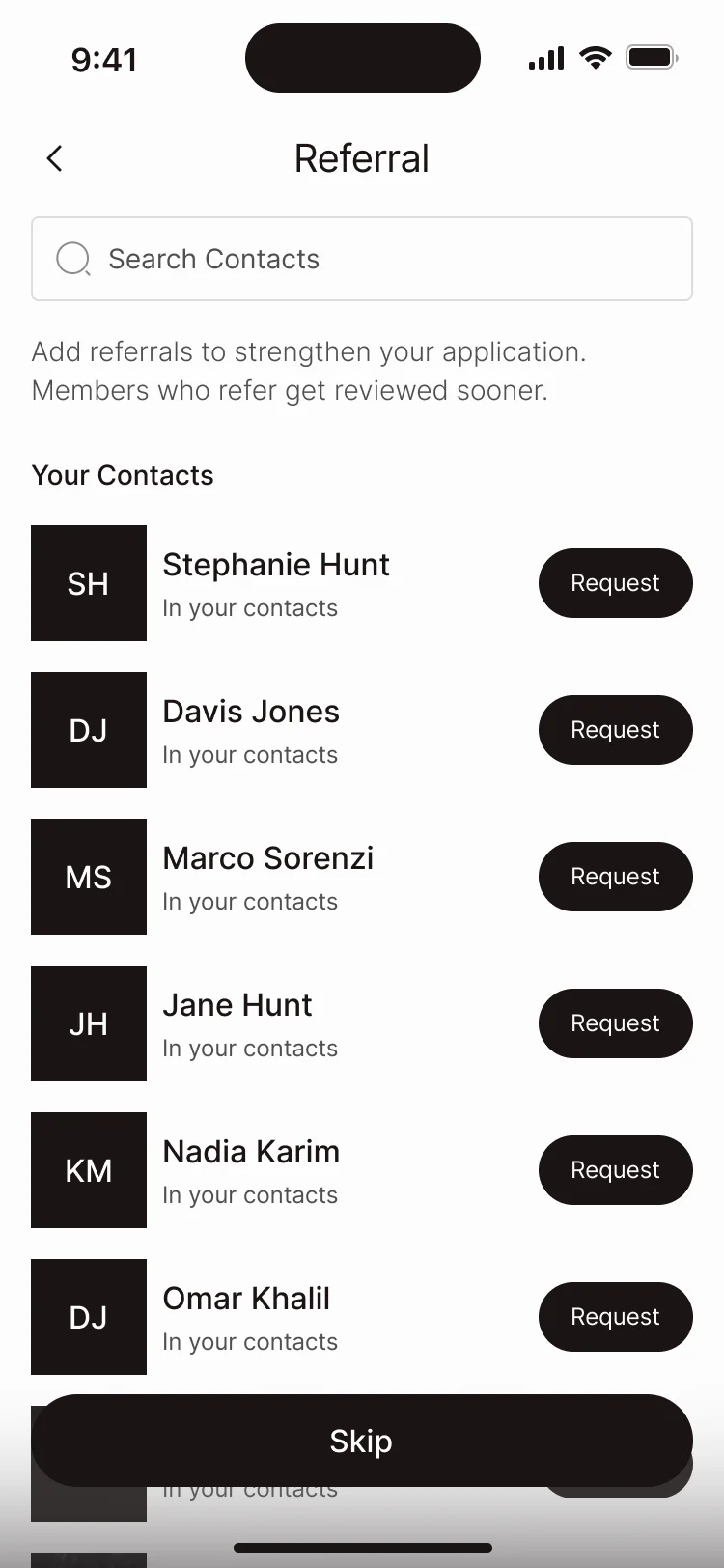 Referral: add referrals to strengthen the application, then the contacts list with Request buttons