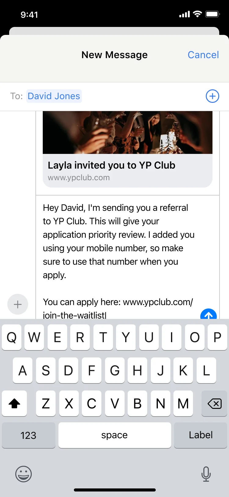 A new message with the YP Club invitation link and a short note to the invited friend