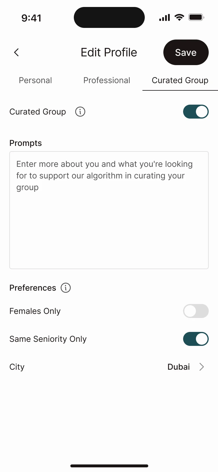 Edit Profile, Curated Group: the group turned on, a prompt about what you are looking for, and preferences for seniority and city