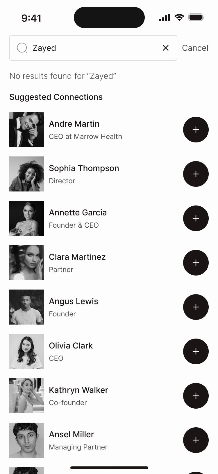 Member search with no results, and suggested connections to add instead