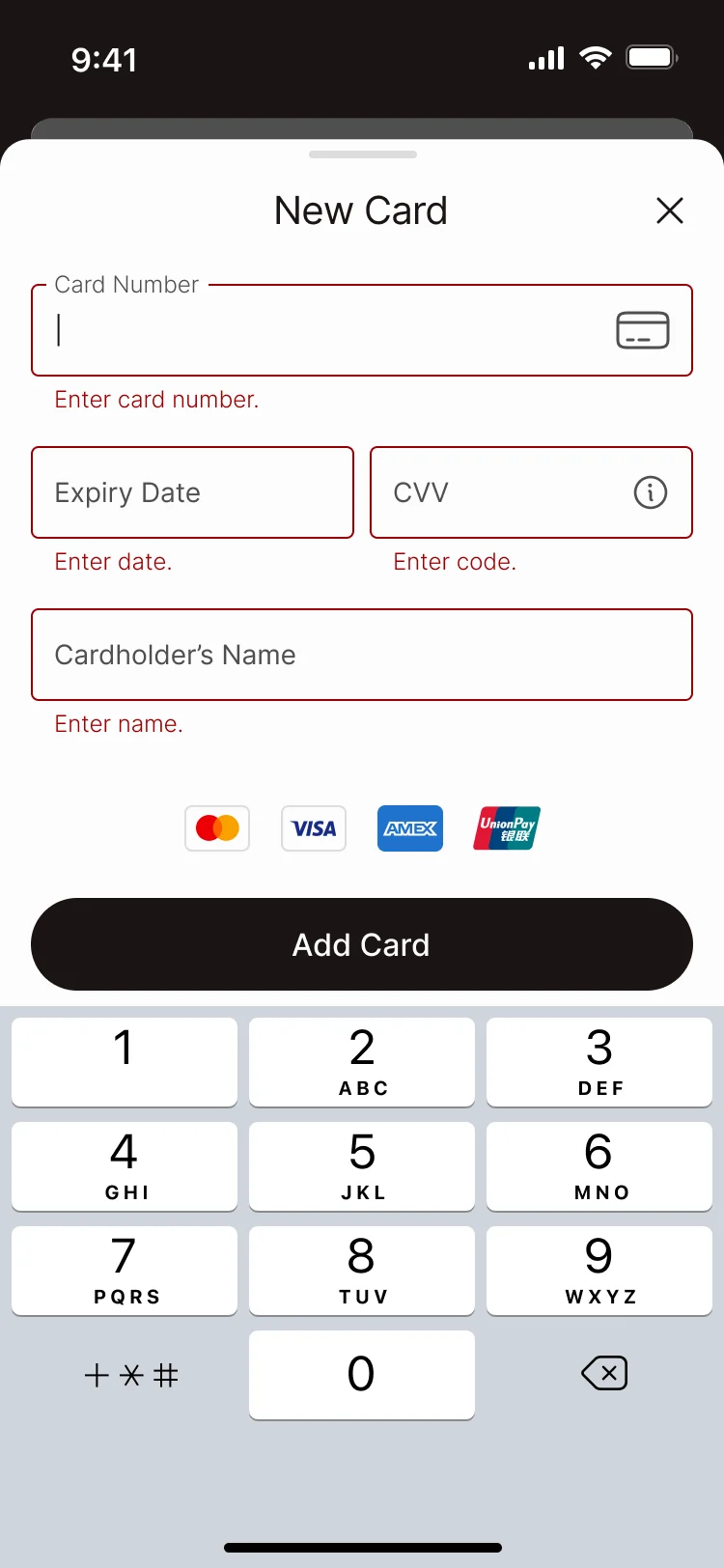 Add New Card with a field error explaining what to fix