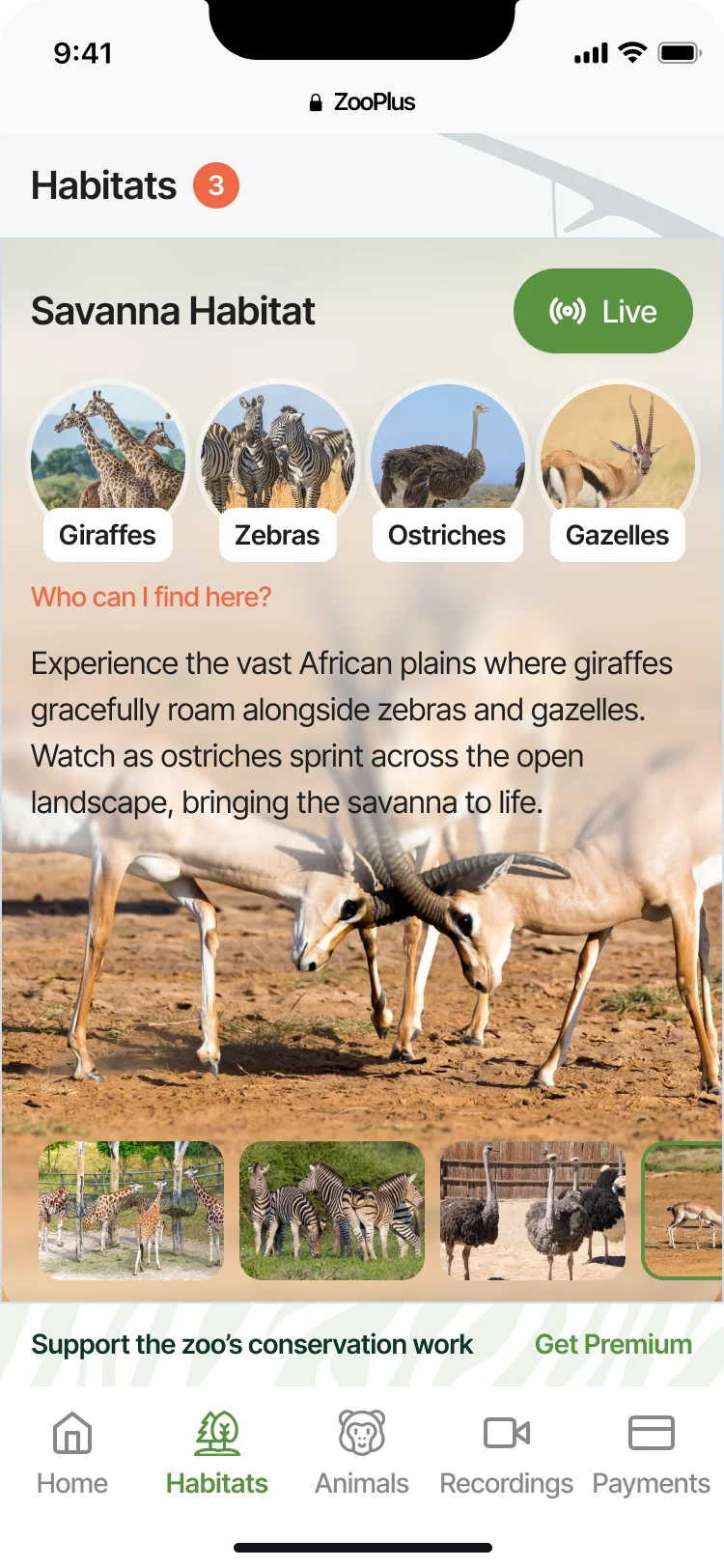 On a phone, the Savanna Habitat card shows animal chips, a description and a photo strip above a conservation banner and a five-tab bar
