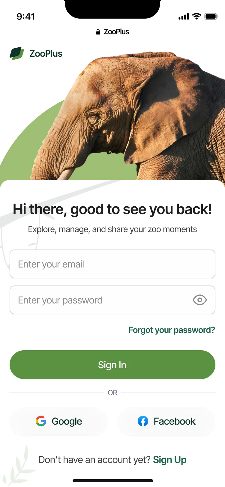 The phone sign-in screen greets a returning visitor under an elephant photo, with email and password fields, Sign In, and Google and Facebook options