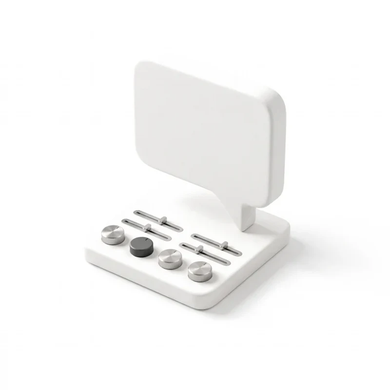 A ceramic speech bubble on a control base with small steel dials and sliders, one dial in graphite.