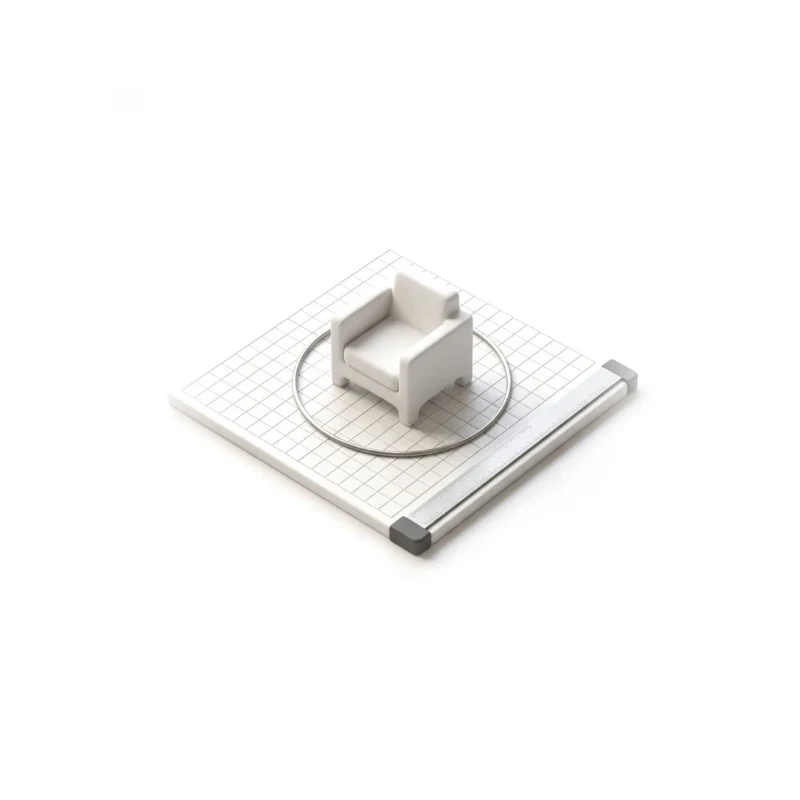 A ceramic armchair on a gridded floor plate inside a steel rotation ring, a steel ruler with graphite end caps along the edge.