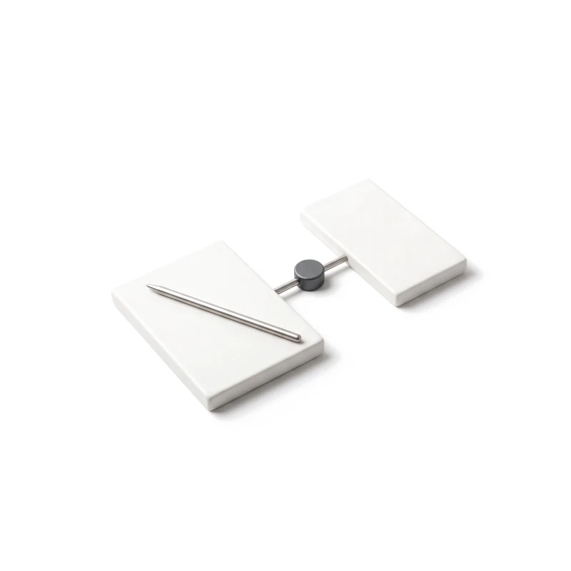 A ceramic writing tablet with a steel stylus, joined by a steel rod to a ceramic page panel, a round graphite button on the rod.