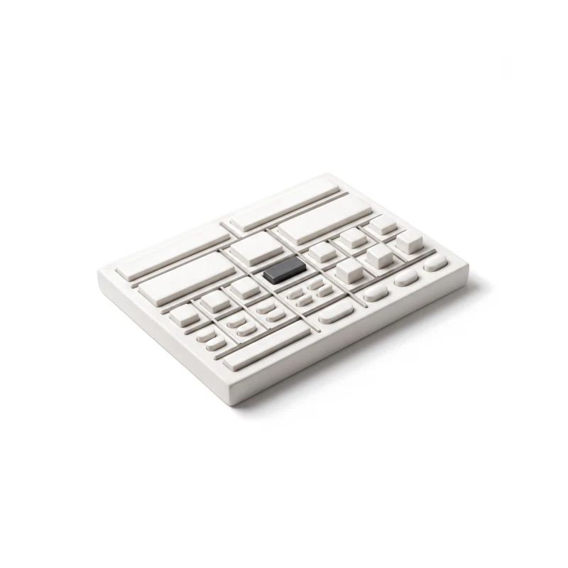 A shallow ceramic tray laid out like a schema, rows of ceramic bars, squares and pills in carved slots joined by steel lines, one block in graphite.