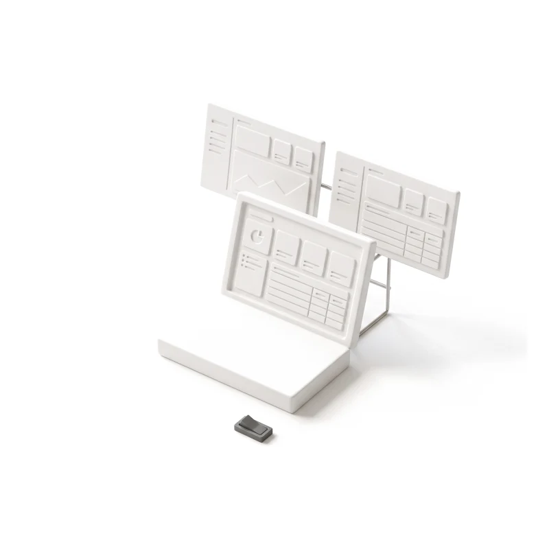 A white ceramic laptop carved with a dashboard, two panels with other layouts behind it and a small graphite switch.