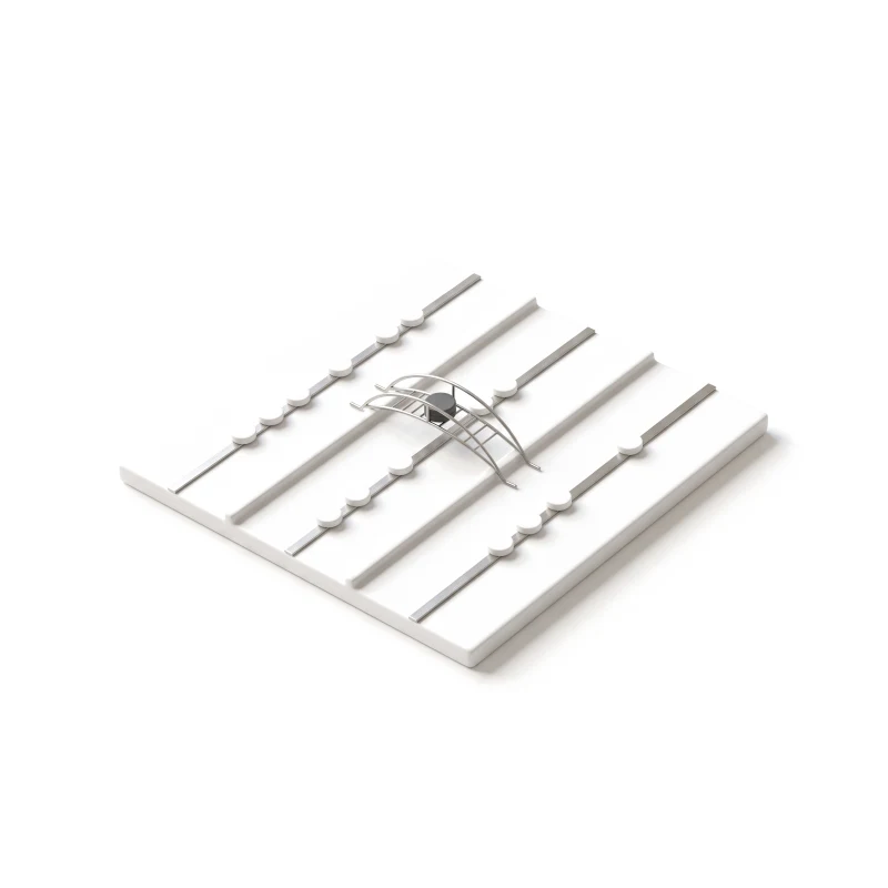 A ceramic board of parallel lanes with steel tracks and small tokens, a graphite token crossing lanes over a steel bridge.
