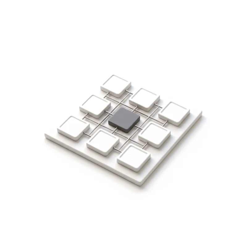 A ceramic board with a grid of nine screen tiles joined by thin steel links, the centre tile in graphite.
