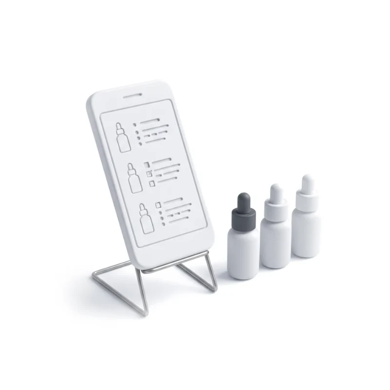 A ceramic phone showing a three-step routine, the same three bottles lined up beside it, one cap in graphite.