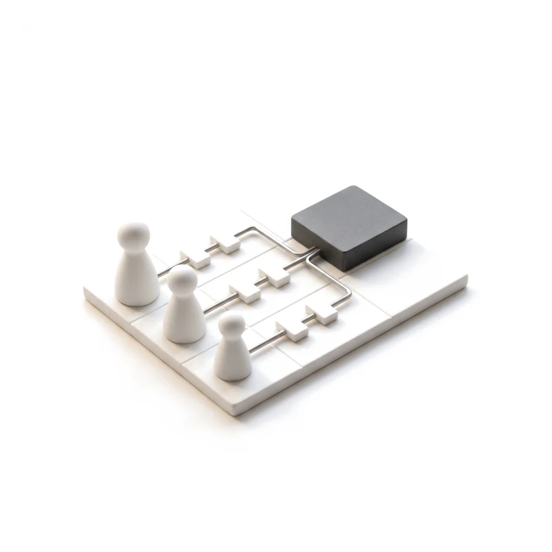 Three ceramic pawns on a board, each on its own steel rail of steps, the rails meeting at one graphite block.