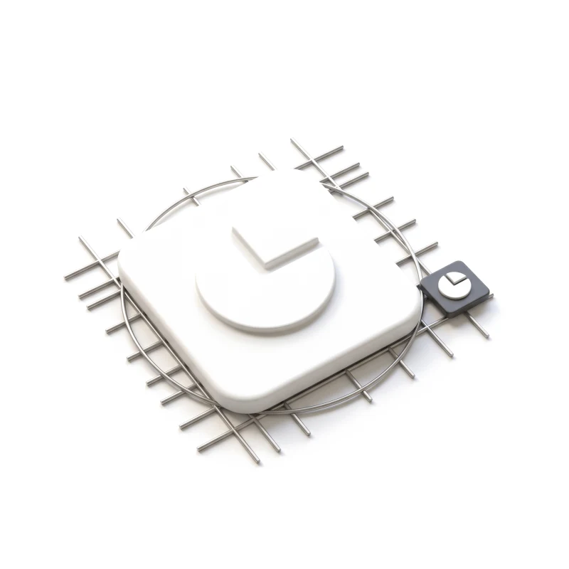 A white ceramic tile with a raised geometric mark on a thin steel construction grid, a small graphite app icon beside it.