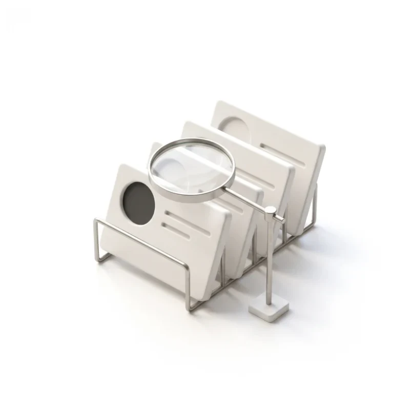 Ceramic profile cards with photo circles in a steel rack, a steel lens over the front card, its photo circle in graphite.