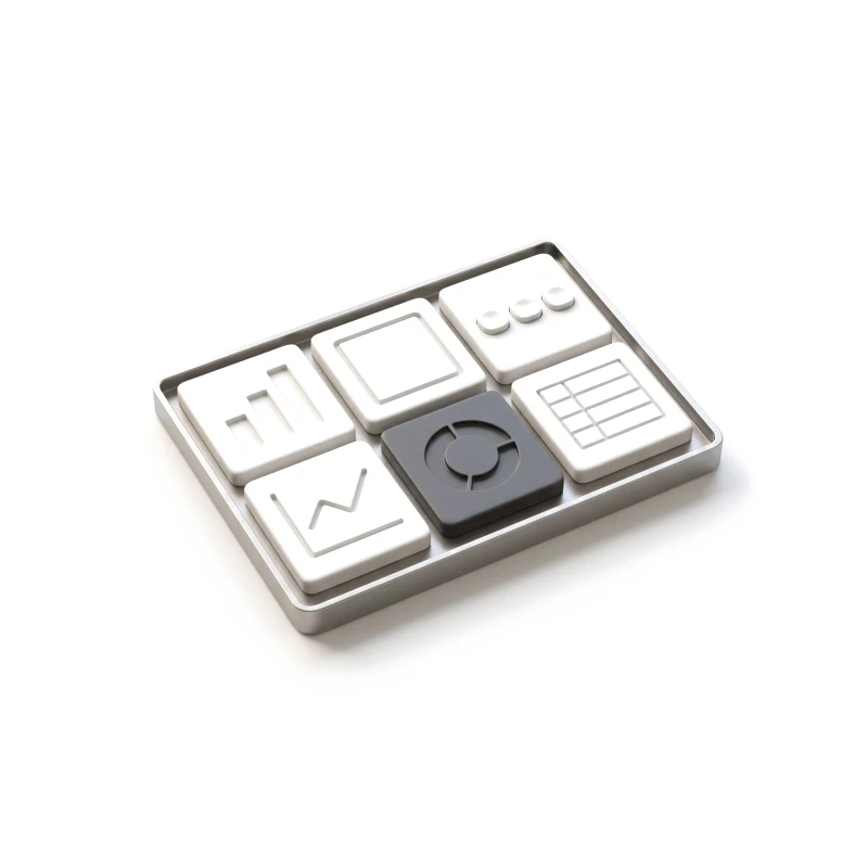 Six ceramic chart tiles in a steel tray — bars, line, table, big number and filter chips, the donut in graphite.