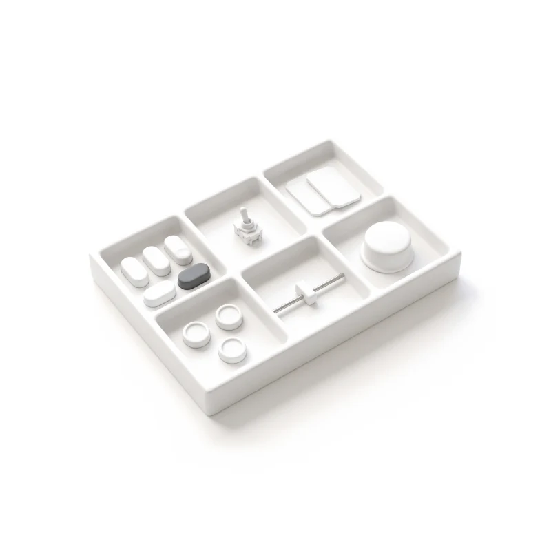 A white ceramic tray of six compartments holding small interface parts — buttons, a toggle, a slider — one button in graphite.