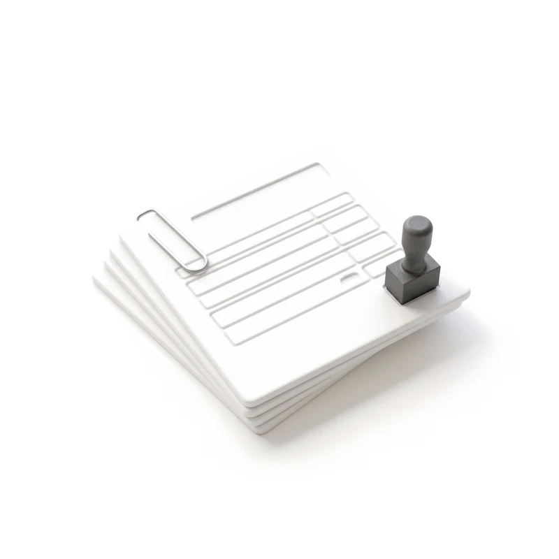 A stack of ceramic form cards carved with line items, held by a steel clip, a small graphite stamp on top.