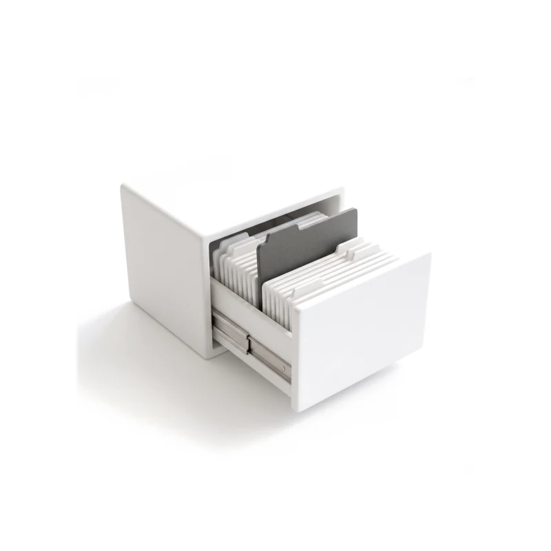 A white ceramic file cabinet, its drawer open on steel runners and full of record cards, one raised card in graphite.