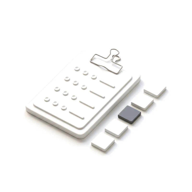 A ceramic clipboard of question rows beside a line of ceramic step tiles, one tile graphite.