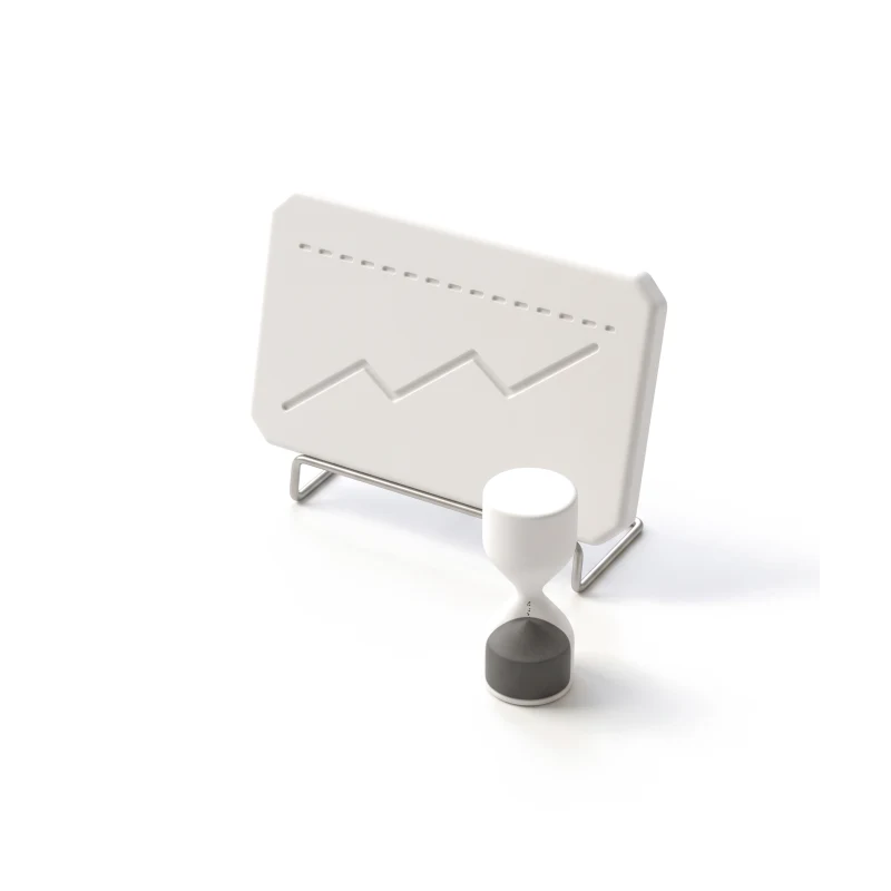 A ceramic tablet carved with a rising line under a dashed target line, on a steel stand, a ceramic hourglass with graphite sand in front.