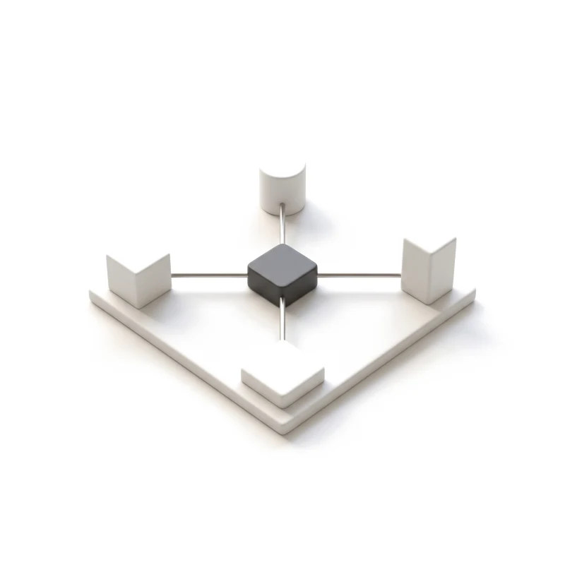 A ceramic base plate with four small ceramic blocks at its corners, each joined by a steel rod to a graphite hub in the middle.