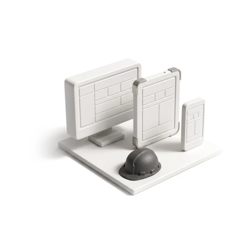 A ceramic monitor, rugged tablet and phone showing the same layout on one base plate, a graphite hard hat in front.