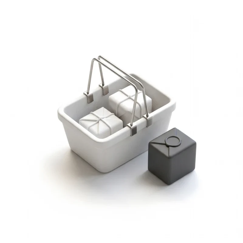 A ceramic basket with a steel handle holding two ceramic parcels, a sealed graphite parcel standing beside it.