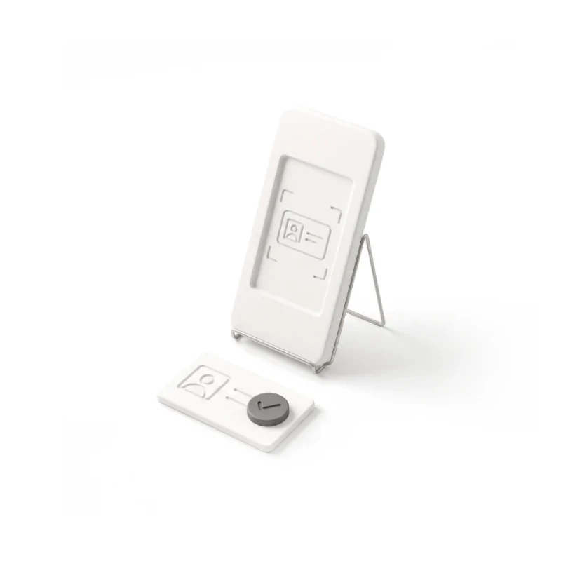 A ceramic phone showing an ID frame, a ceramic ID card in front with a graphite check mark on it.