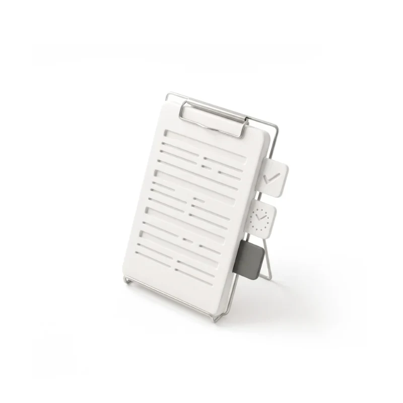 A ceramic application form on a steel stand with three status tabs down its edge: a tick, a clock and a graphite tab.