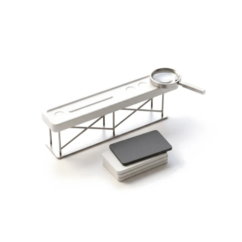 A ceramic search bar on a steel stand, a stack of topic cards in front with one answer card lifted out in graphite.