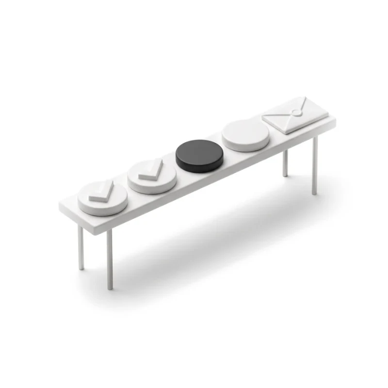 A ceramic progress rail on steel legs with four markers, two ticked, the current one in graphite, an envelope at the end.