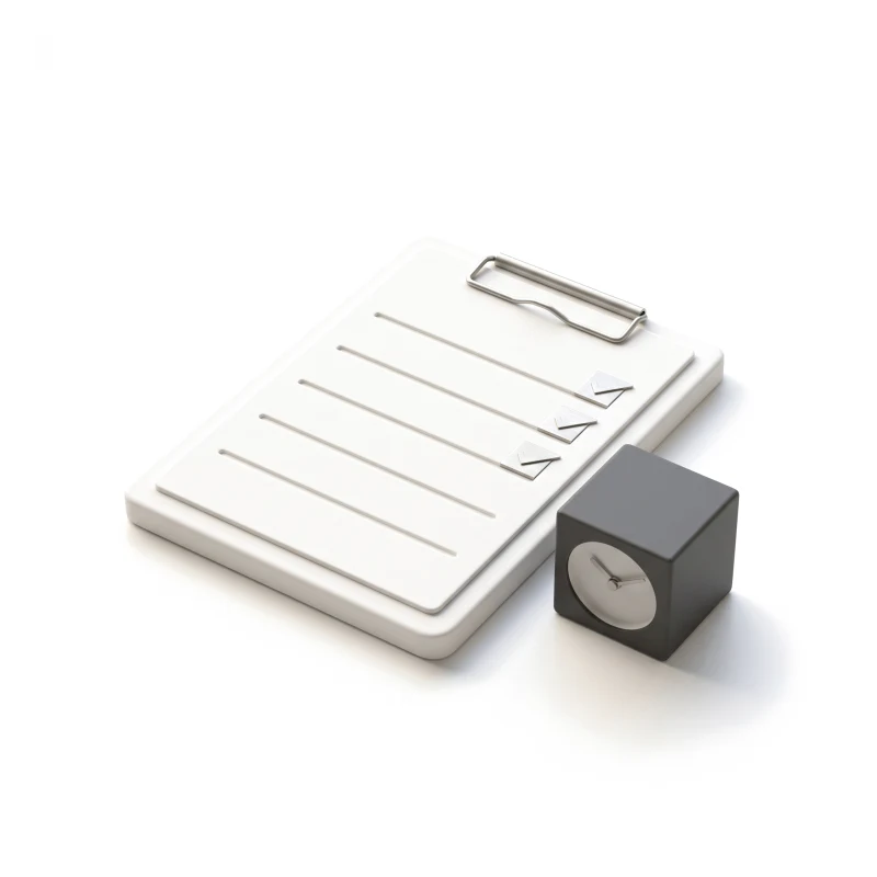 A white ceramic clipboard of ruled rows, three with steel check tabs, a small graphite clock block beside it.