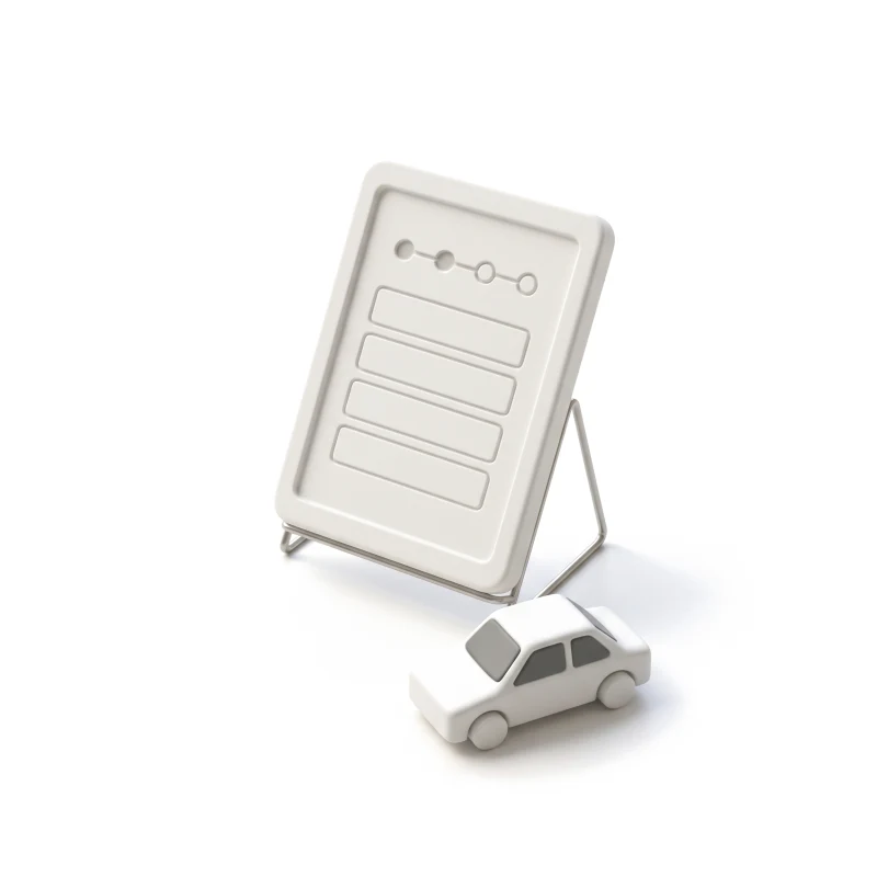 A step bar and form fields carved into a white ceramic tablet on a steel stand, a small ceramic car with grey windows in front.