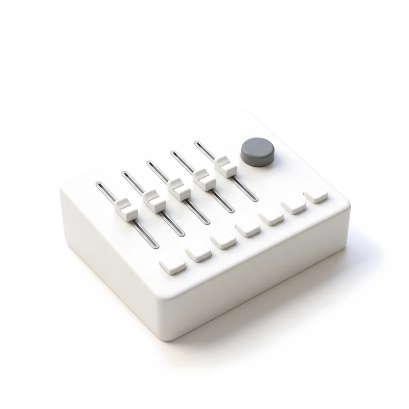 A white ceramic control console with a row of steel-slotted faders and square buttons, one knob in graphite.