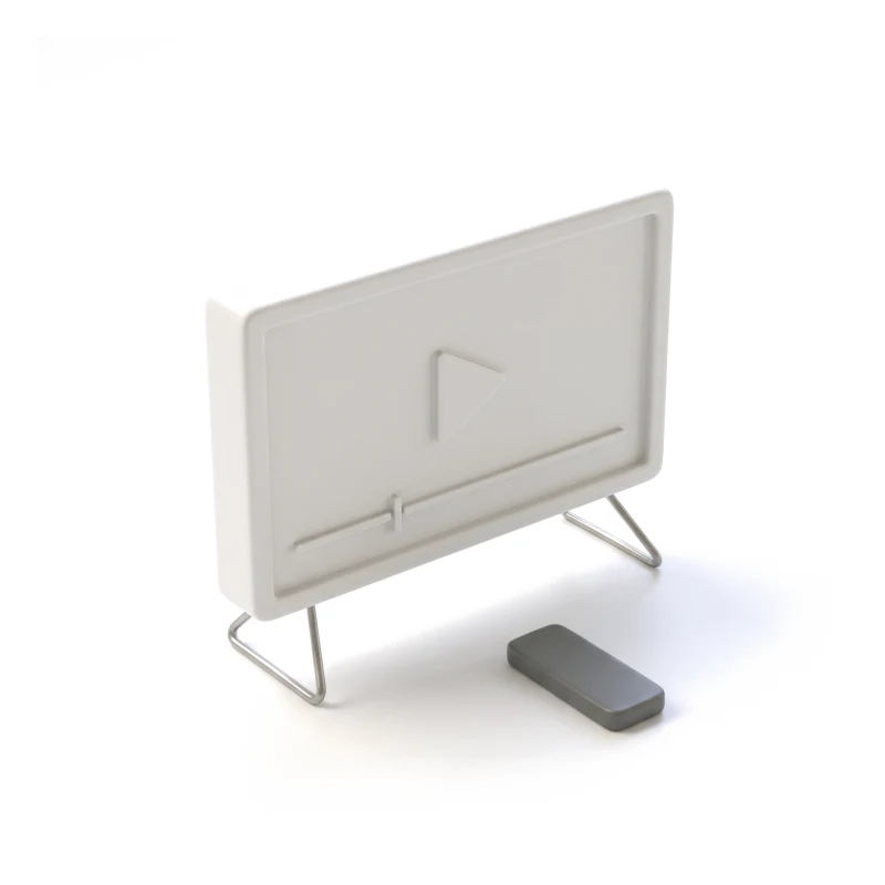A white ceramic TV screen on thin steel legs carved with a play symbol, a small graphite remote in front.