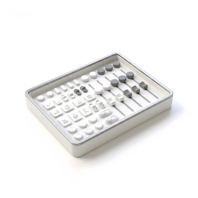 A steel-rimmed white ceramic tray of small component pieces — buttons, toggles and sliders — some of them in graphite.