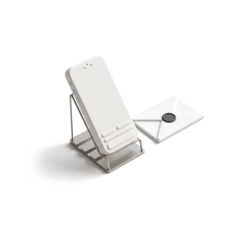 A white ceramic phone with a short three-step form on a steel stand, a small envelope with a graphite seal beside it.