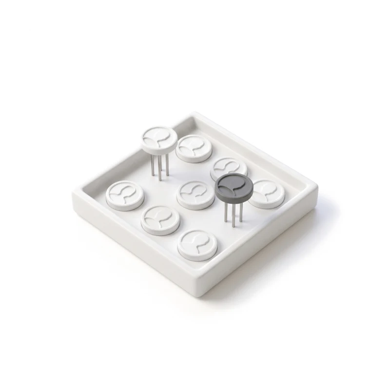A ceramic tray of round profile tokens, a few raised on steel pins as a shortlist, one of them graphite.