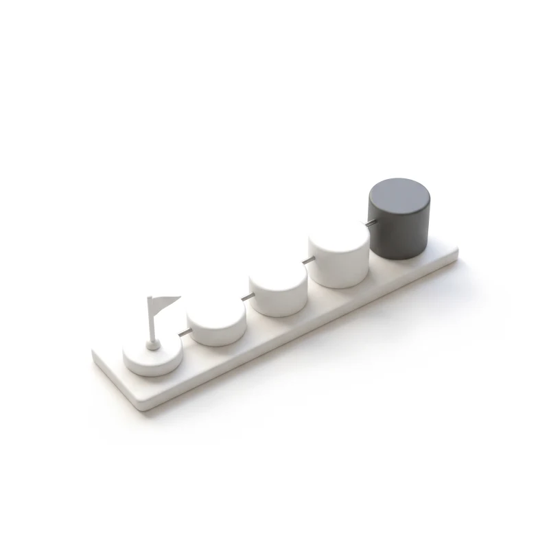 A ceramic tile with five stepping stones rising left to right on a steel line, a small flag on the first, the last in graphite.