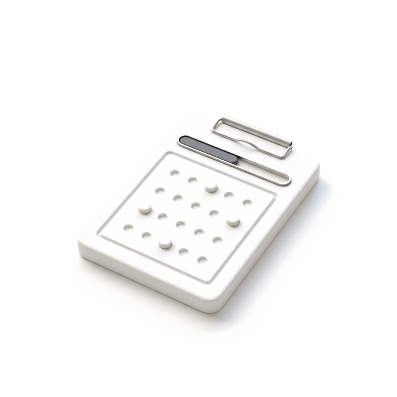 A ceramic clipboard with a steel clip, carved as a questionnaire of option dots under a half-filled graphite progress bar.